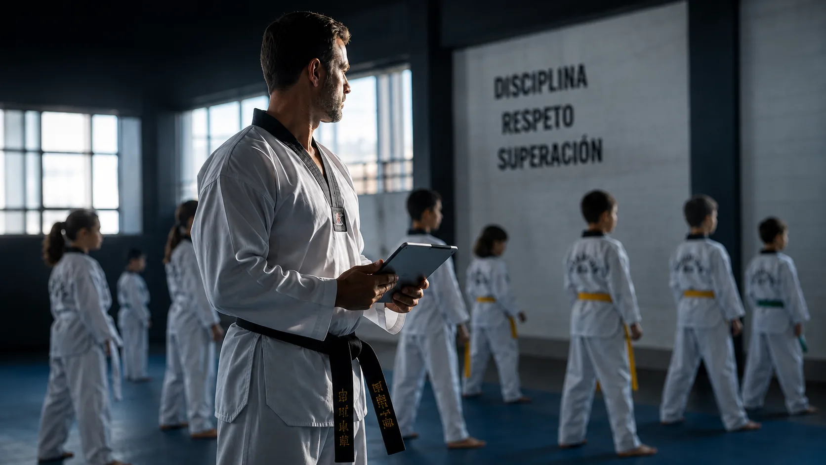 Instructor revisando la asistencia en una tablet mientras sus alumnos entrenan en el dojang